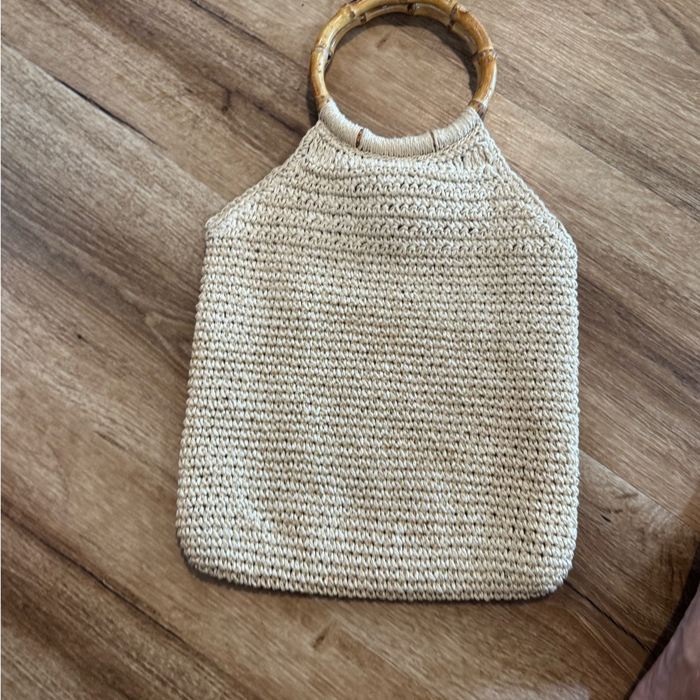 Elegant Cream Woven Bag with Bamboo Handle